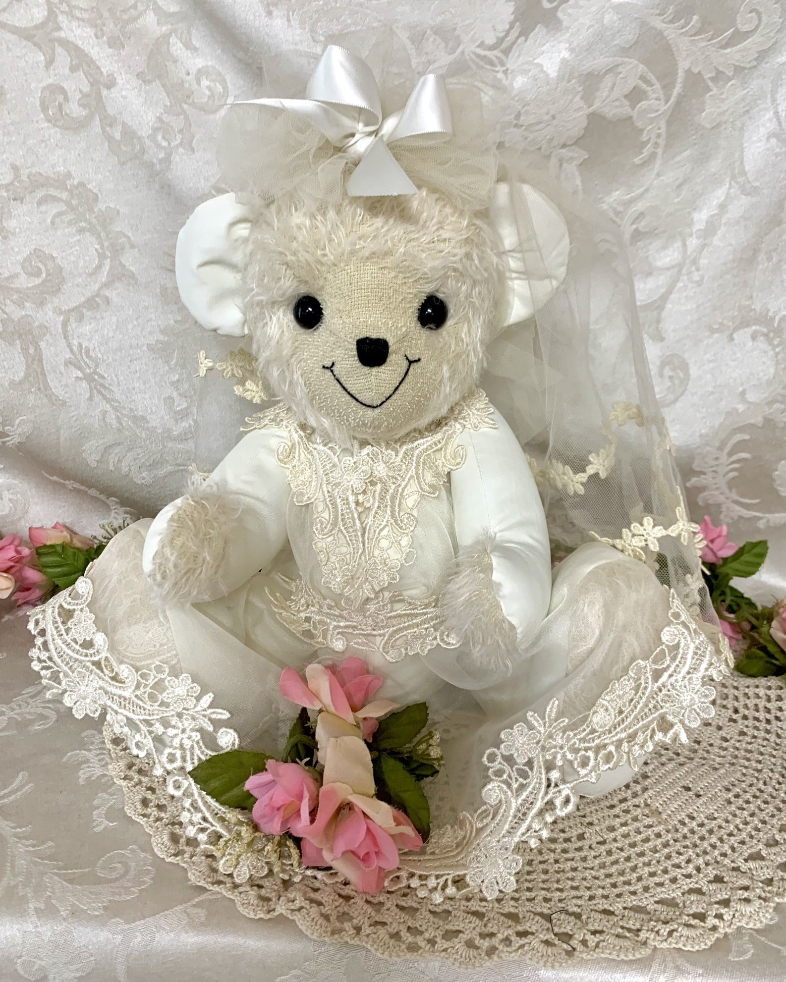 Keepsake bear made from wedding dress.