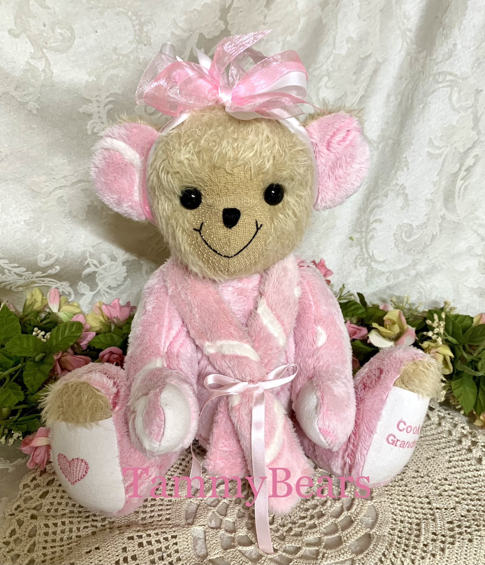 Part mohair memory bear made from pink robe.
