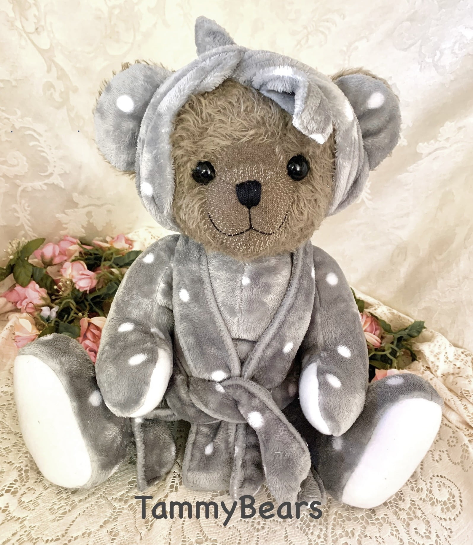 Bear made from gray fleece robe.