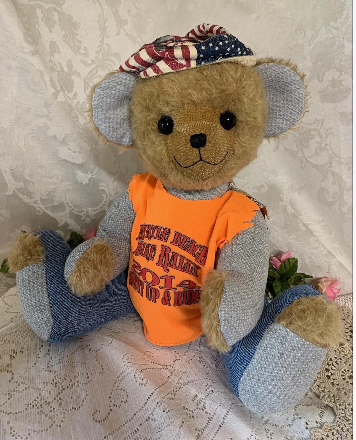 Plush bear made with t-shirt clothing. 