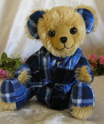 Plush bear made from mohair and blue plaid robe.