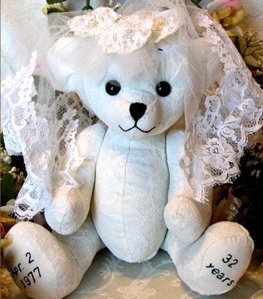 Vintage wedding dress transformed into keepsake memory bear.