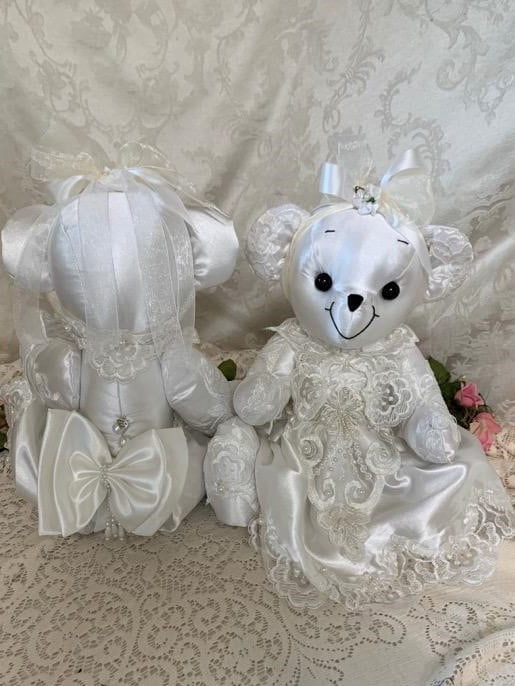 Front and back of wedding dress teddy bear.