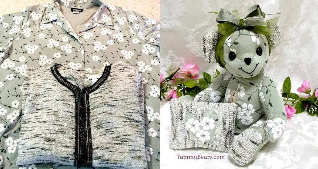 Loved one's sage green clothing shown before and after turned into a memory bear.