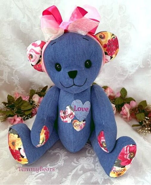 Comforting memory bear made from blue denim and floral clothing.