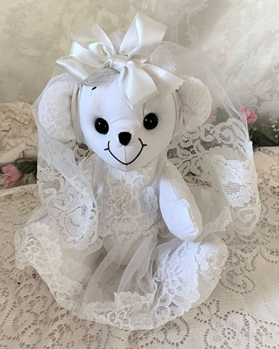 Keepsake bridal bear made from wedding dress.