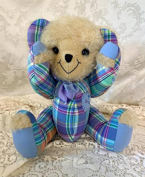 Part mohair plush memory bear made with loved one's clothing.