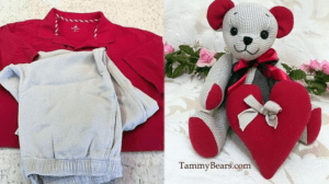 Before and after picture of red and tan clothing turned into a memory teddy bear.