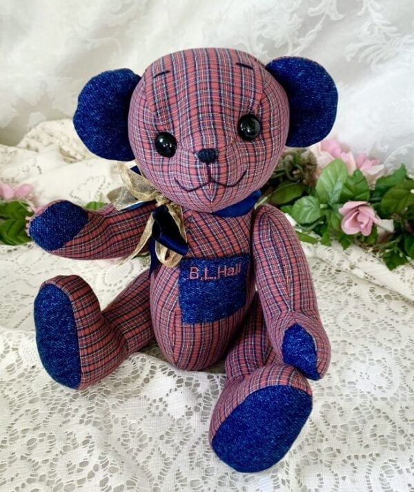 Bear made from red checked shirt with denim.
