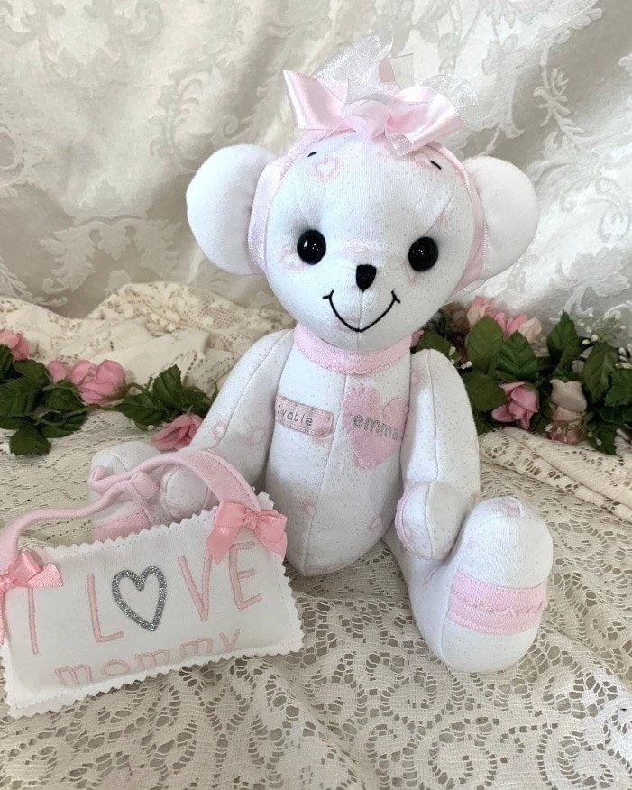 Memory Bear made from white and pink sleeper.