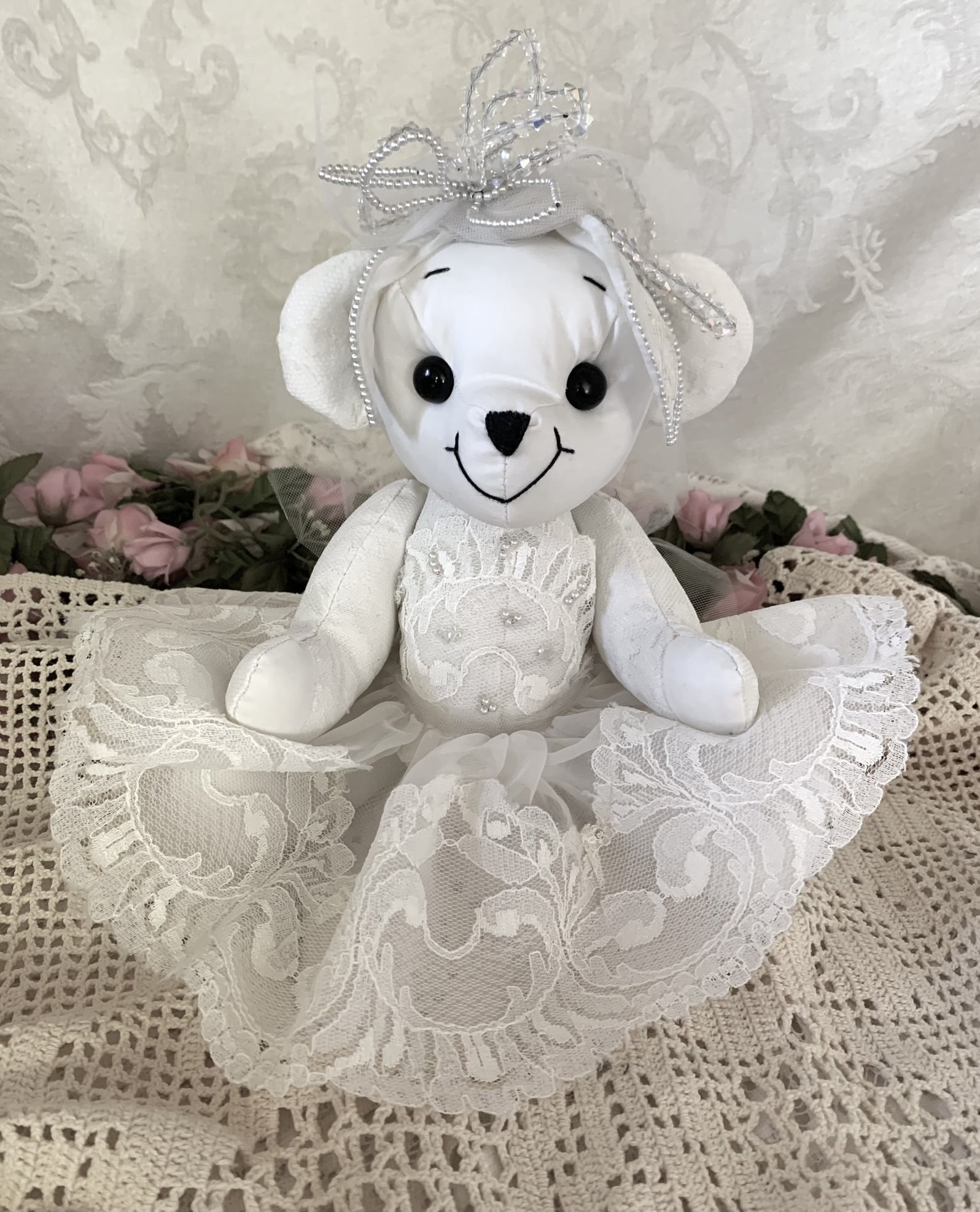 Bear made from wedding dress with sequin veil.