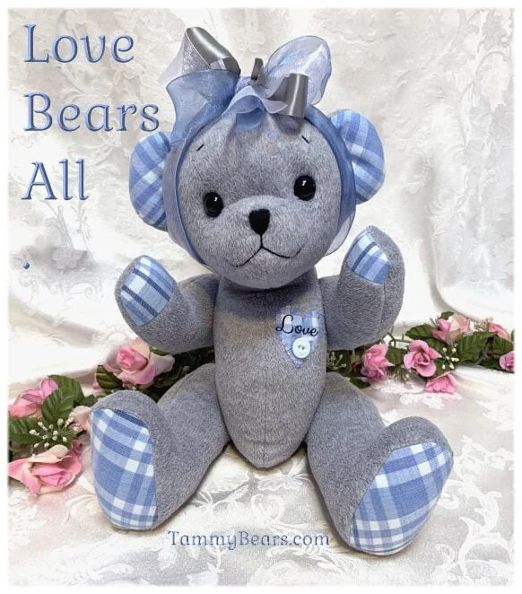 Memory bear made from gray fleece and blue plaid shirt.