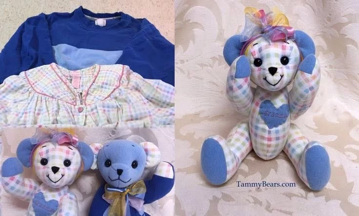 Memory bears made from clothing, sweatshirt and robe.