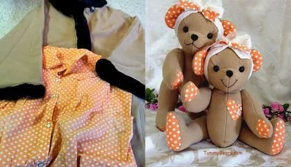 Tan coat and orange polka dot shirt turned into two memory teddy bears.