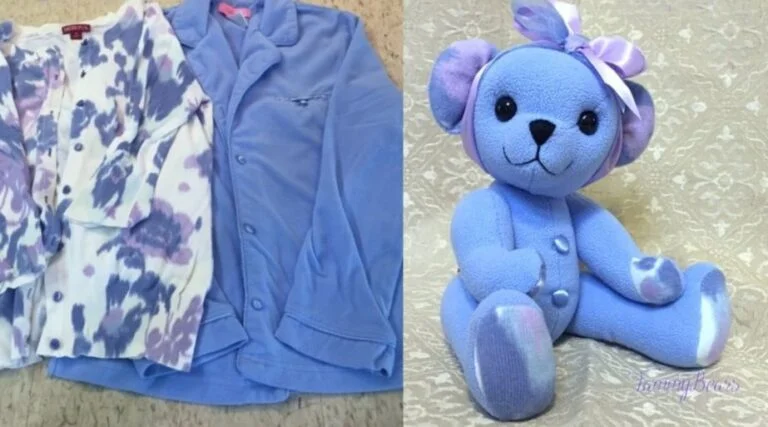 Memorial teddy bear crafted from blue pajamas.