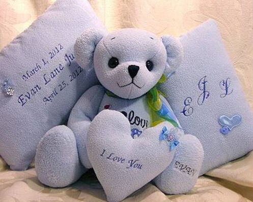 Teddy bear made in memory of baby made from blue fleece.