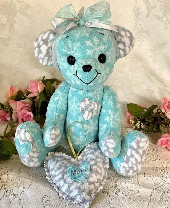 Memory bear made from teal fleece robe