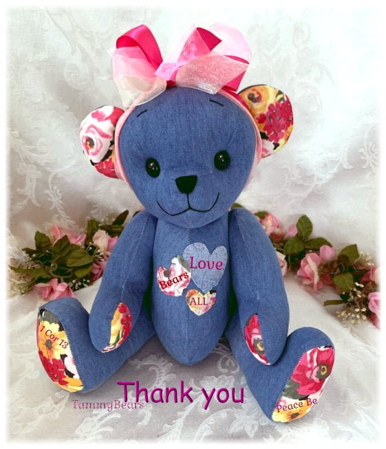Memory bear made from pink floral and blue shirt.