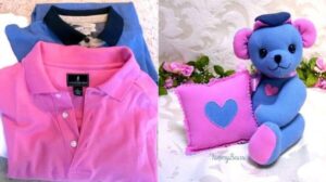 Memory bear made from pink and blue shirts.