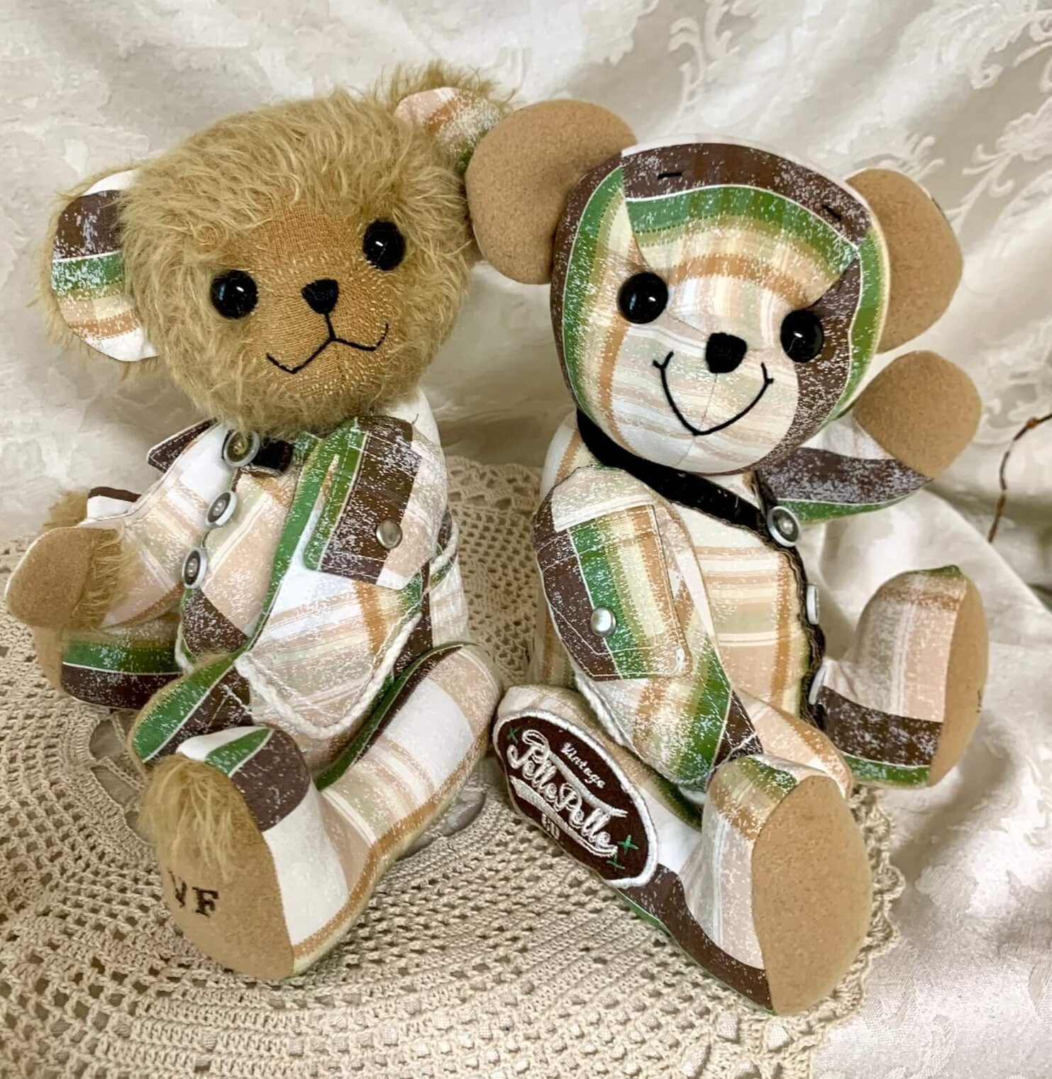 Two memorial teddy bears made from plaid shirt.