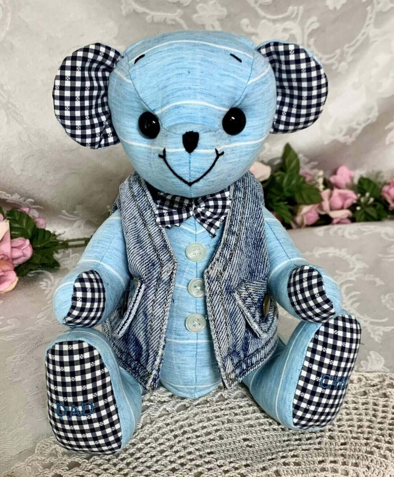 Memory Teddy Bear made from shirts and jean jacket.