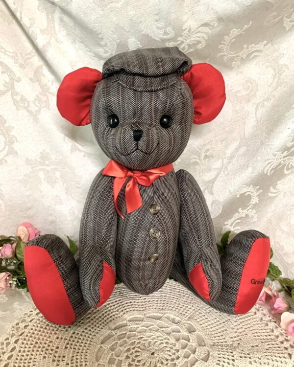 Memory bear from brown suit and red satin.