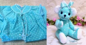Memory teddy bear made from blue polka dot robe.