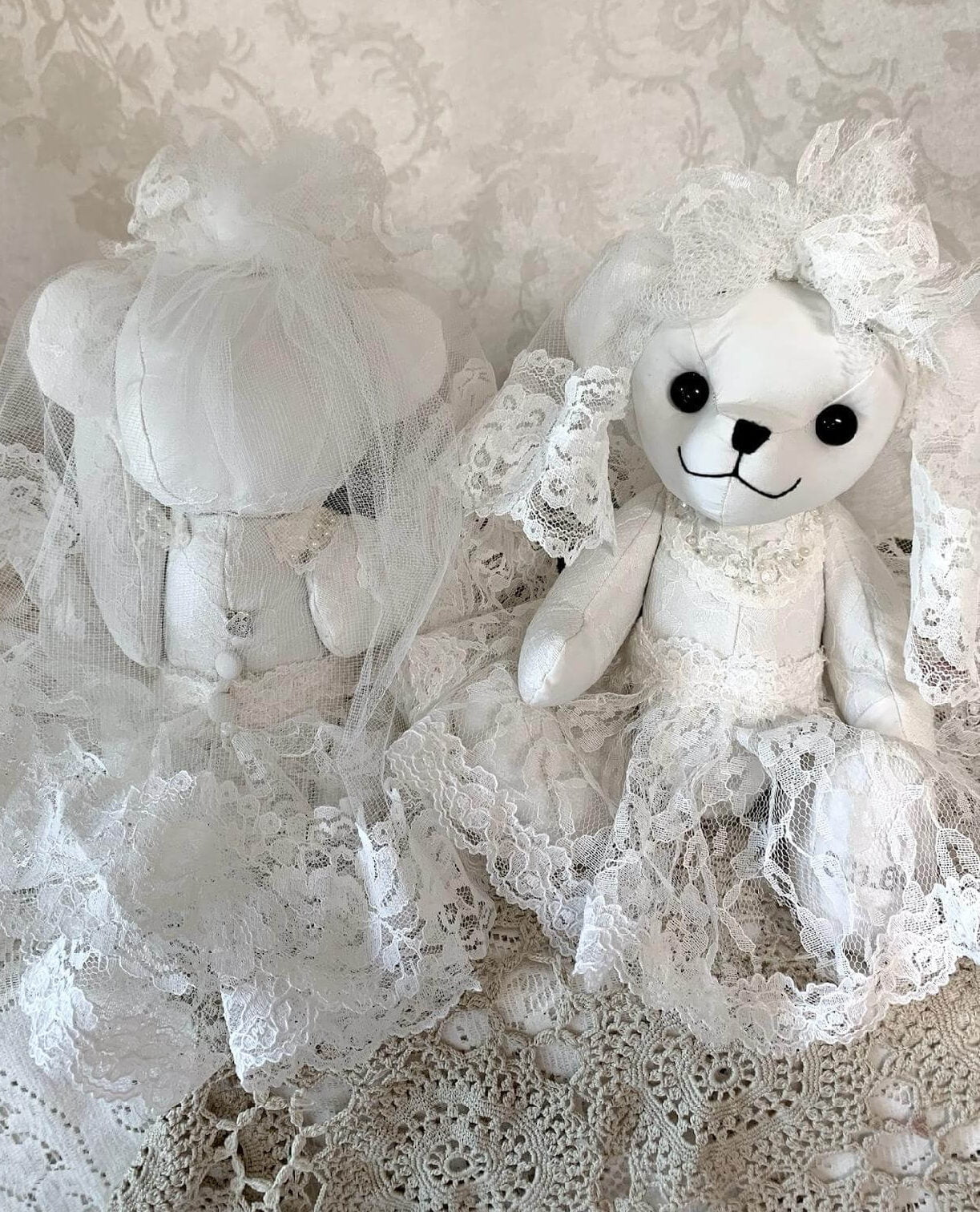 Memory bear made from wedding dress, front and back.